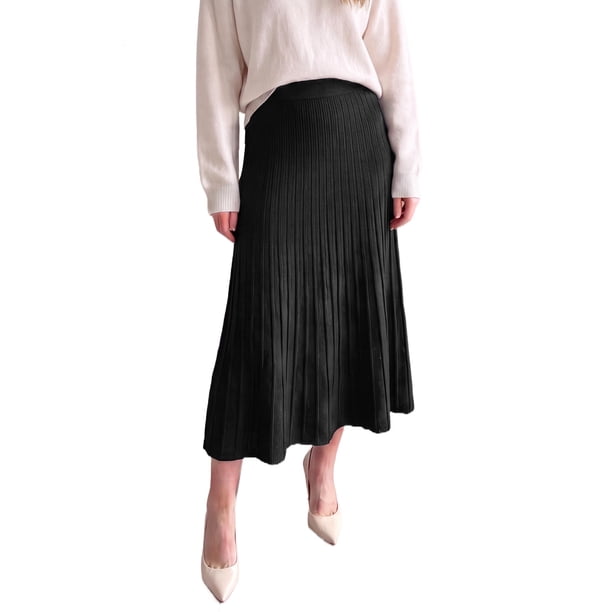 INSPIRE CHIC Falda de Punto para Mujer Plisada de Cintura Alta Línea A Acampanada Elegante Casual Elástica Invierno Maxi Faldas de Suéter Mediana Negra
