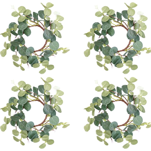 4 anillos para velas de pilar, portavelas con hojas de eucalipto, decoración rústica de granja para Pascua, Navidad, bodas, fiestas, mesas de casa.