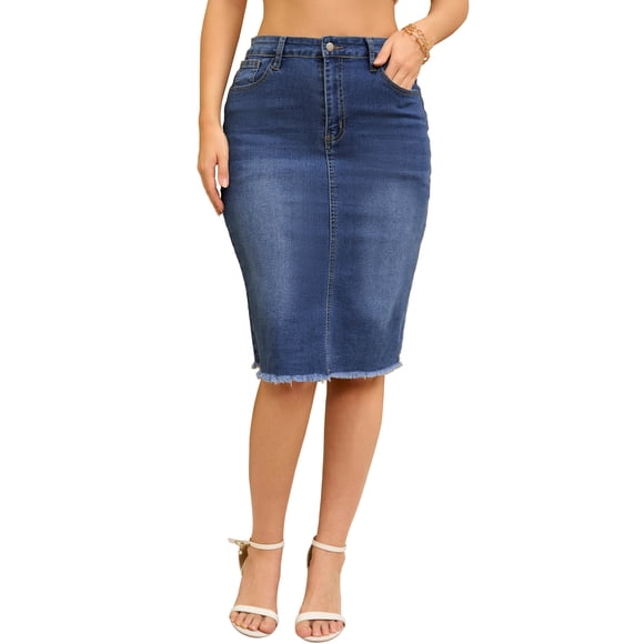 INSPIRE CHIC Faldas de Jean para Mujer Vuelta al Colegio Dobladillo Crudo Cintura Alta Bolsillos Estiramiento Falda de Mezclilla de Longitud Media Azul L