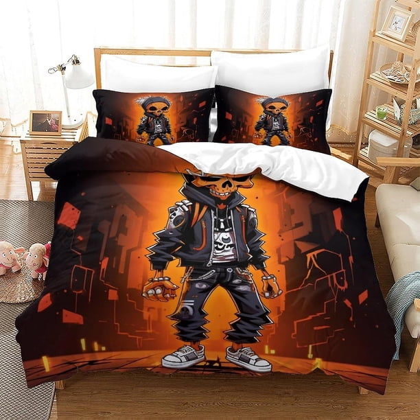 Juego de funda nórdica suave, diseño de esqueleto, funda nórdica y funda de almohada estampadas, estilo grafiti romántico, juego de 3 piezas, para adultos y niños.