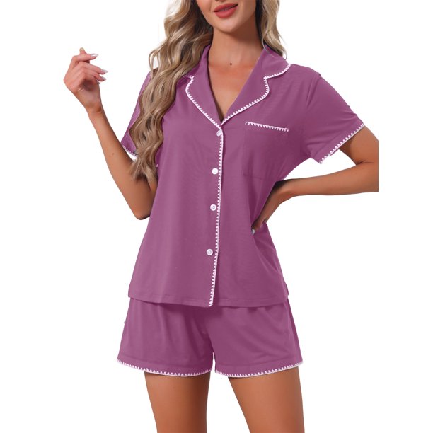 INSPIRE CHIC Conjuntos de Pijamas para Mujer de Mangas Cortas Cómodos y Altamente Elásticos con Botones en la Parte Superior y Shorts 2 Piezas XX-Large Púrpura