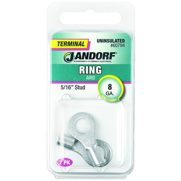 Terminal anular Jandorf, calibre 8, perno de 5/16 pulgadas, sin aislamiento, paquete de 2