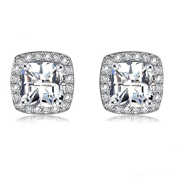 18K White Golden Plated Halo Stud Earrings with Square Cubic Zirconia and Simulated Diamonds