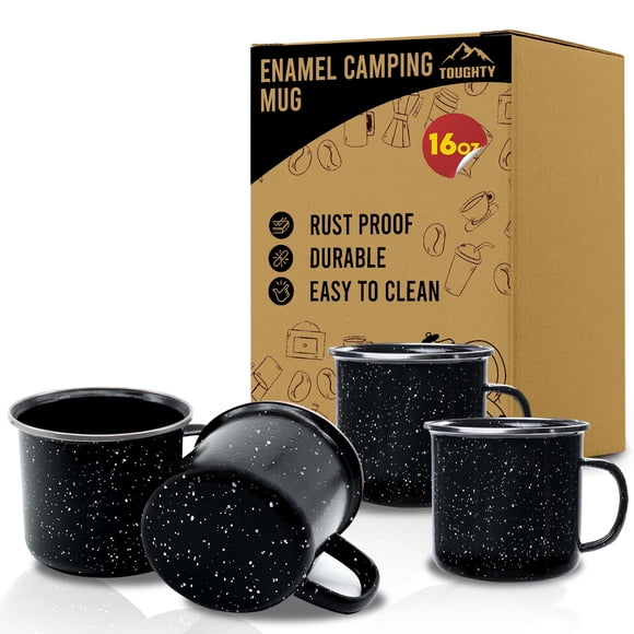 Juego de 4 tazas de camping Toughty, esmalte negro, 470 ml
