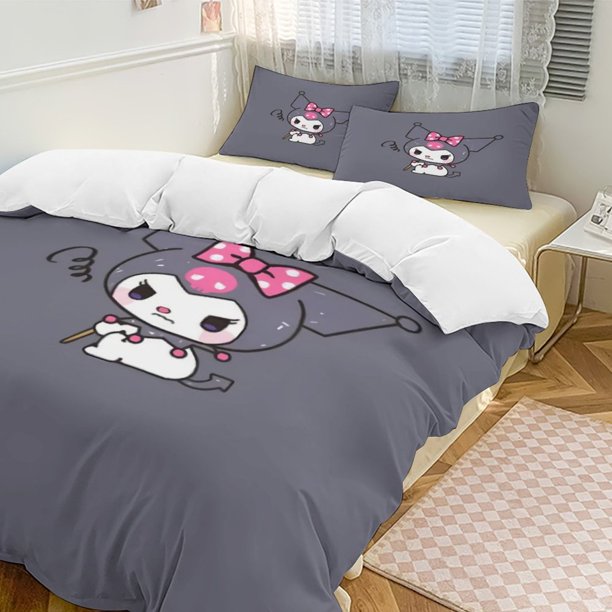 Kuromi Quilt Set Thicken Soft 3 Pieces Bedding Set All Season Duvet Cove with 2 Pillowcases for Adult Women Girls Teens Home Room Decor