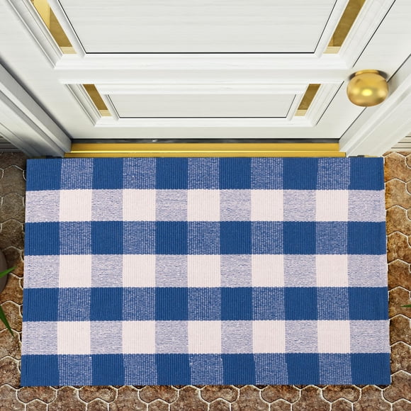 Alfombra RAJRANG 91x152 cm Algodón Azul y Blanco a Cuadros