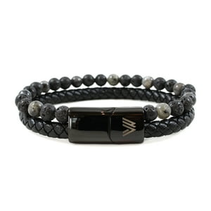 Millam - Pulsera Hombre Cuero Negro Y Piedras Larvikita Con Broche