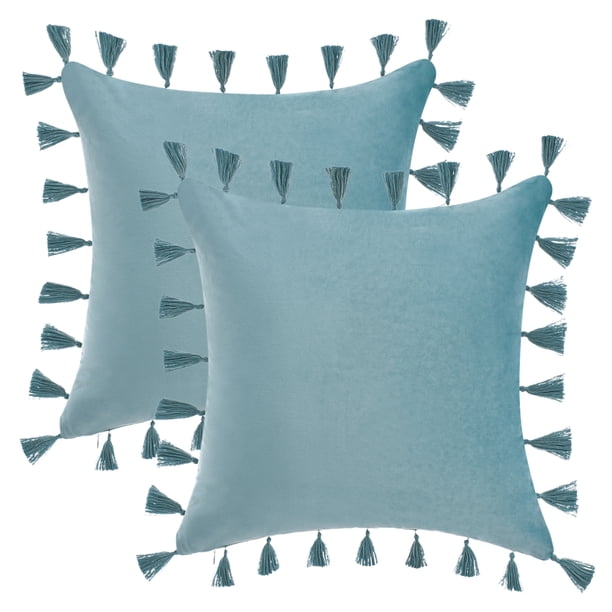 REGALWOVEN Paquete de 2 Fundas de Cojín Decorativas de Terciopelo Suave Sólido Bohemio con Borlas para Sofá Dormitorio Sofá Bruma Aqua 20" x 20"