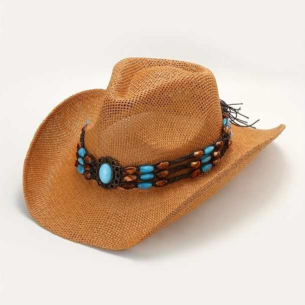 Boho Western Cowboy Straw Hat - Hand Woven Faux Jade Chain Decor Hat for Women, Men, and Unisex - Perfect for Summer Beach and Casual Wear