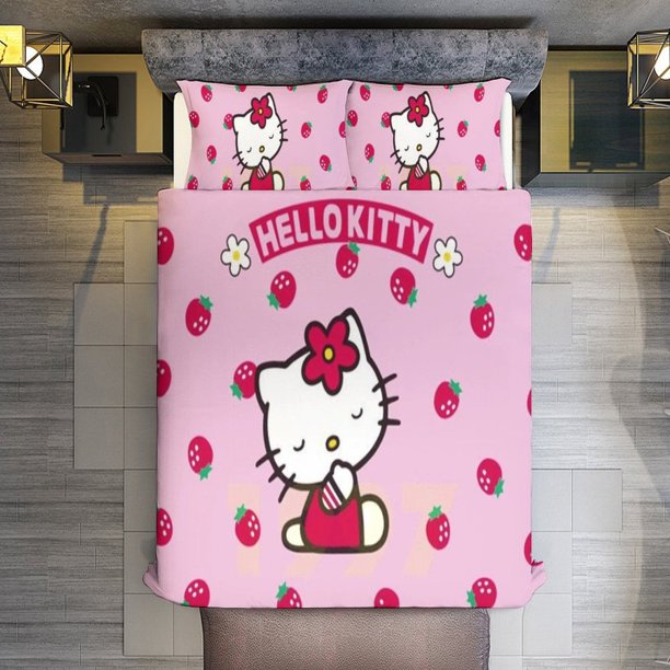 Hello Kitty Strawberry Bedding Set for Girls Kids Teen Tween Ultra Soft Microfiber Comforter Set Twin Size with 3-Pieces Comforters Bed Sets Bedroom Decor Bed Sheets