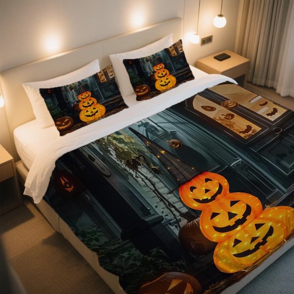 Glowing Stacked Pumpkins And Witch Hat Duvet Cover Set Soft Comfortable