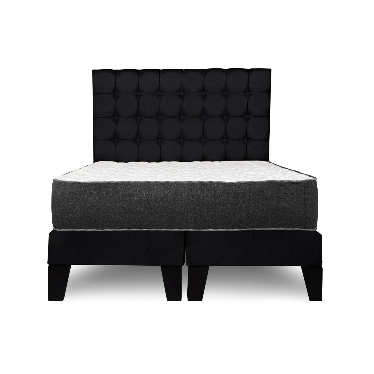 M Sole - Cama 2 Plazas Completa Base Americana + Colchón De Resortes + Respaldo Cuadros Negro