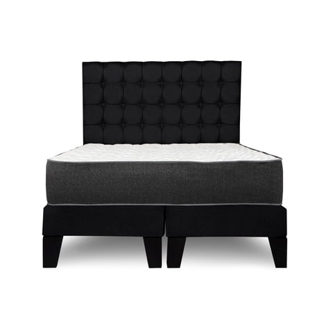 M Sole - Cama 2 Plazas Completa Base Americana + Colchón De Resortes + Respaldo Cuadros Negro