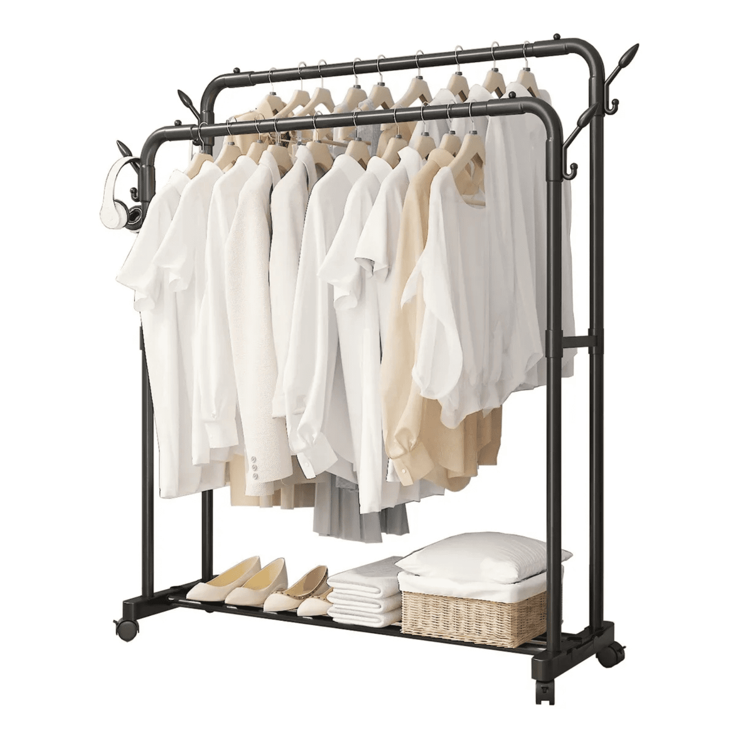 Genérico - Organizador Perchero Metálico Doble Barra Con Ruedas Negro