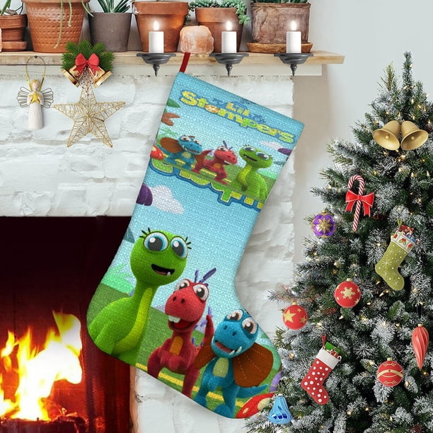 Lil Stompers Tema: Calcetines de Navidad, fino lino blanco para colgar en escaleras y chimenea, decoración navideña para el hogar, regalo de Navidad. 45cm × 32cm