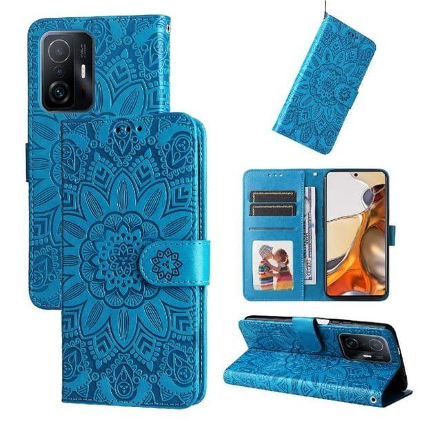 Funda tipo cartera FOXDOCK para Xiaomi 11T , diseño girasol en relieve, cuero PU, cierre magnético, soporte y tarjetero