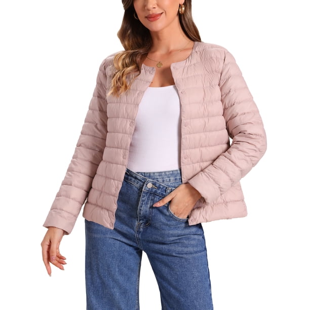 INSPIRE CHIC Chaqueta Acolchada para Mujer Ligera con Botones Abajo, Empacable, de Manga Larga, XS Rosa