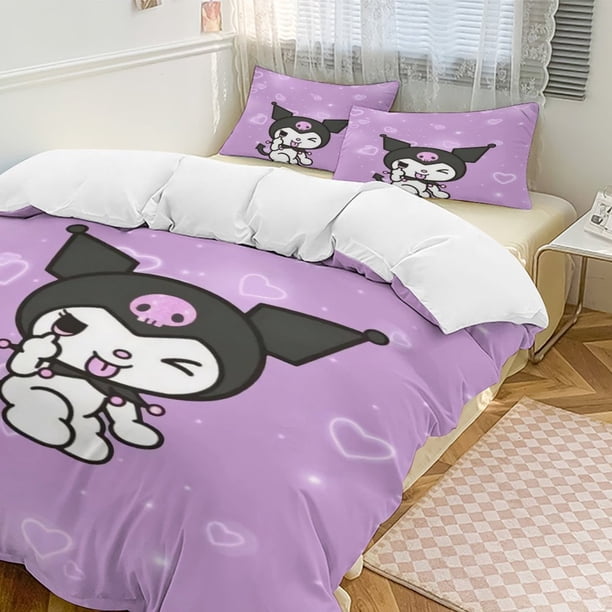 Kuromi Quilt Set Thicken Soft 3 Pieces Bedding Set All Season Duvet Cove with 2 Pillowcases for Adult Women Girls Teens Home Room Decor