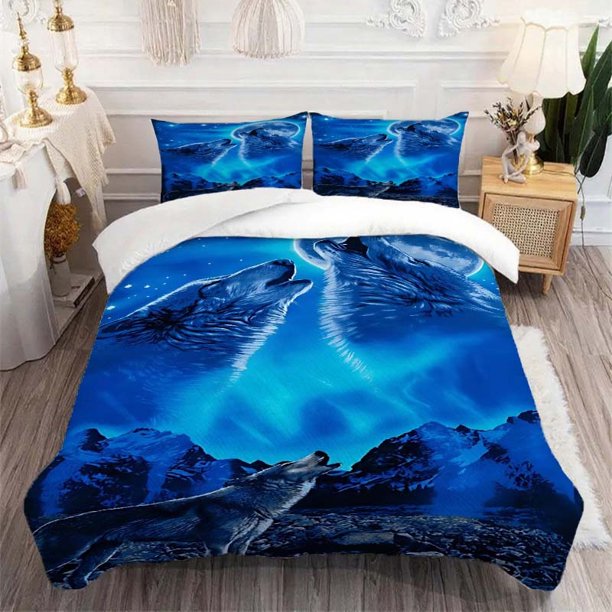 3pcs Three Wolves Howling Under The Moon Mysterious Wild Blue Art Theme Print Three Piece Bedding Set Soft Quilt Cover And Two Pillowcases