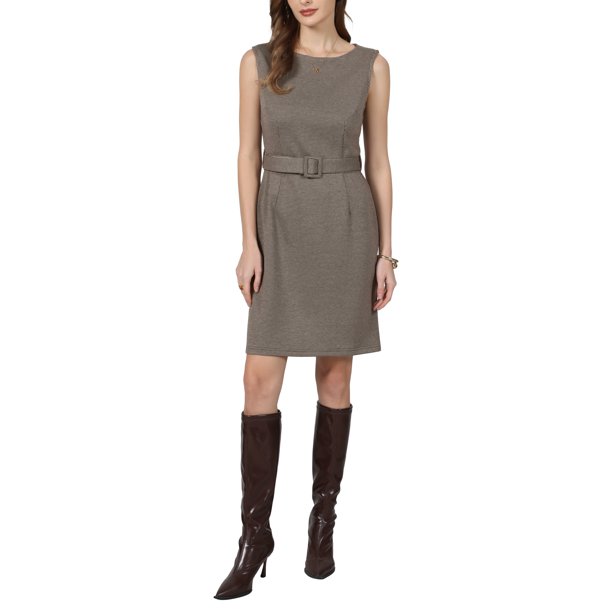 INSPIRE CHIC Vestido de Mujer a Cuadros Houndstooth Sin Mangas Cuello de Barco 2026 Vestidos de Lápiz Modernos con Cinturón XL Marrón