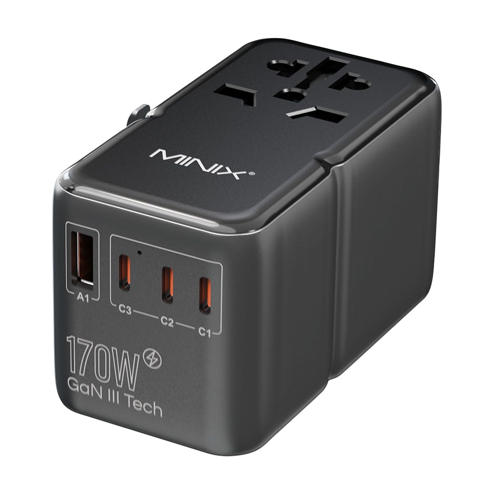 Adaptador De Viaje Minix Tp170 170 W Gan Iii Con 3 Usb-c Y 1 Usb-a