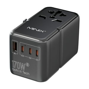 Adaptador De Viaje Minix Tp170 170 W Gan Iii Con 3 Usb-C Y 1 Usb-A