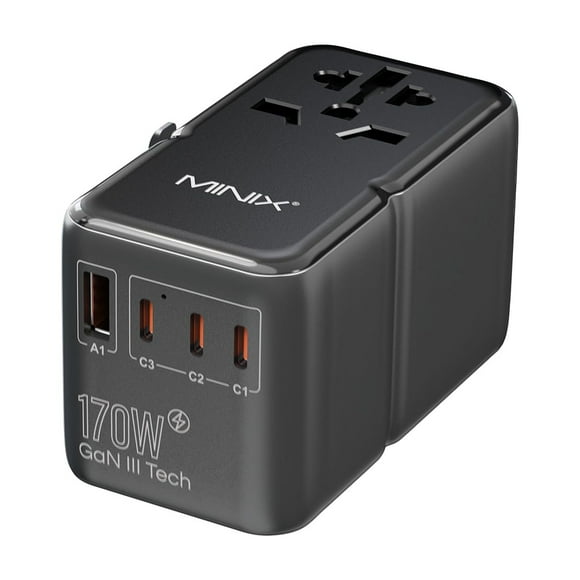 Adaptador de viaje MINIX TP170 170 W GaN III con 3 USB-C y 1 USB-A
