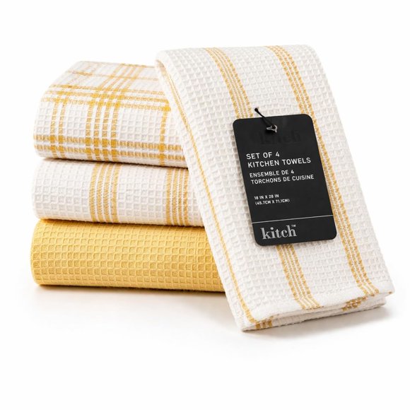Juego de 4 toallas MosJos 46 × 71 cm amarillas y blancas con tejido waffle