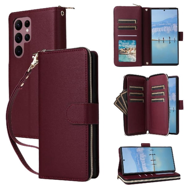Funda Cartera con Cremallera y Correa para Samsung Galaxy S22 Ultra 5G Soporte y Tarjetero Rojo