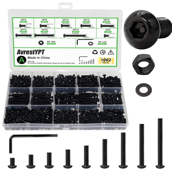 Kit de Tornillos AvrestYPT M3 Métrico 1002 Piezas Negro
