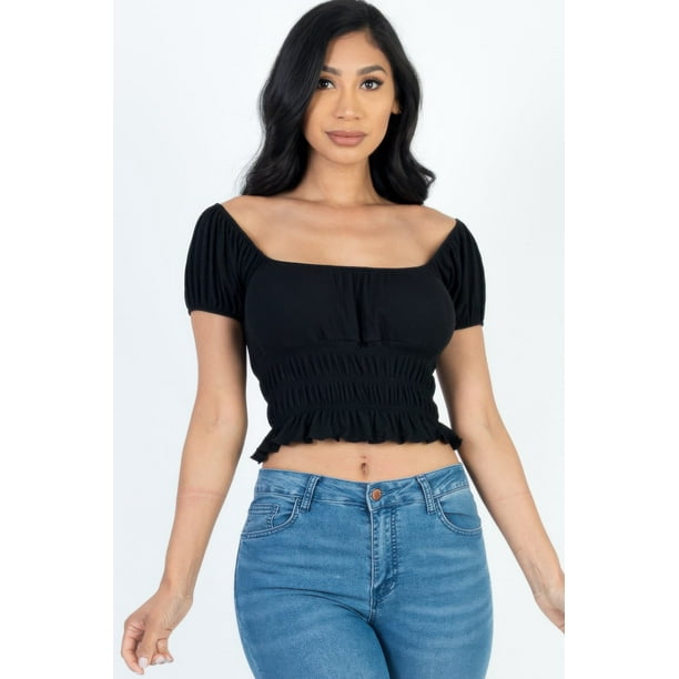 Top Casual de Punto Acanalado Liso con Mangas Abullonadas Fruncidas