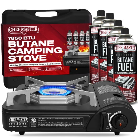 Estufa portátil de butano Chef Master de 7,650 BTU con 4 cartuchos