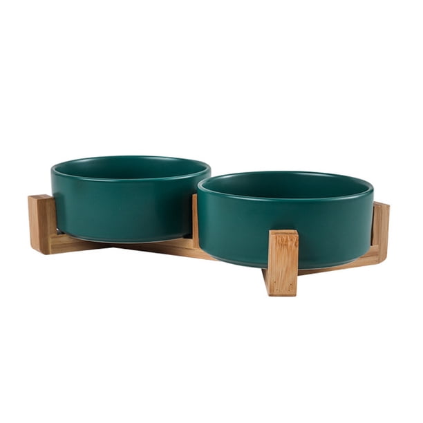Cuencos para mascotas, juego de cuencos de cerámica para perros y gatos con soporte de madera para comida y agua, cuencos antideslizantes y bonitos para mascotas.