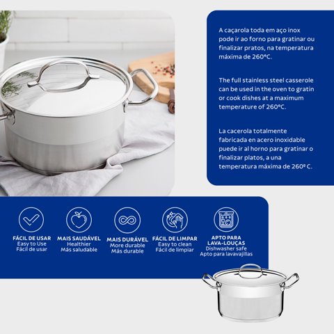 Cacerola De Acero Inox. 20 Cm 3,6 L Tramontina Profesional.