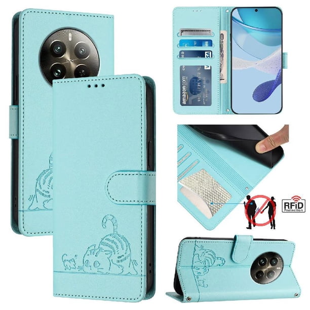 Funda tipo cartera FOXDOCK para Realme 12 pro 5G con soporte, ranuras, RFID, diseño de gato