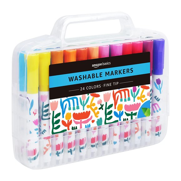 Marcadores lavables Amazon Basics para niños, punta fina, paquete de 24