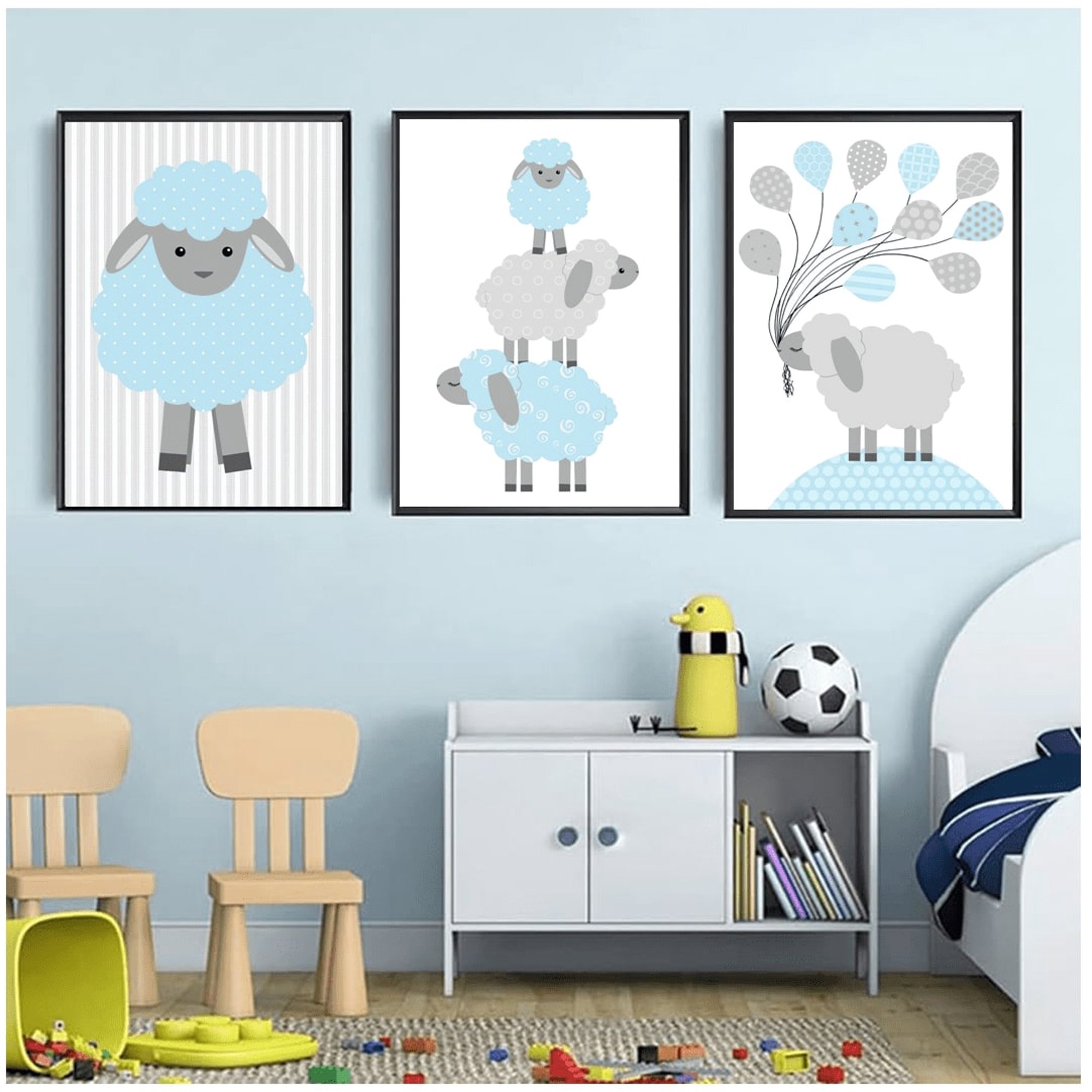 Genérico - Cuadros Decorativos Para Niños Ovejita Azul Pack X 3 Uds 35x50 Cm C/u