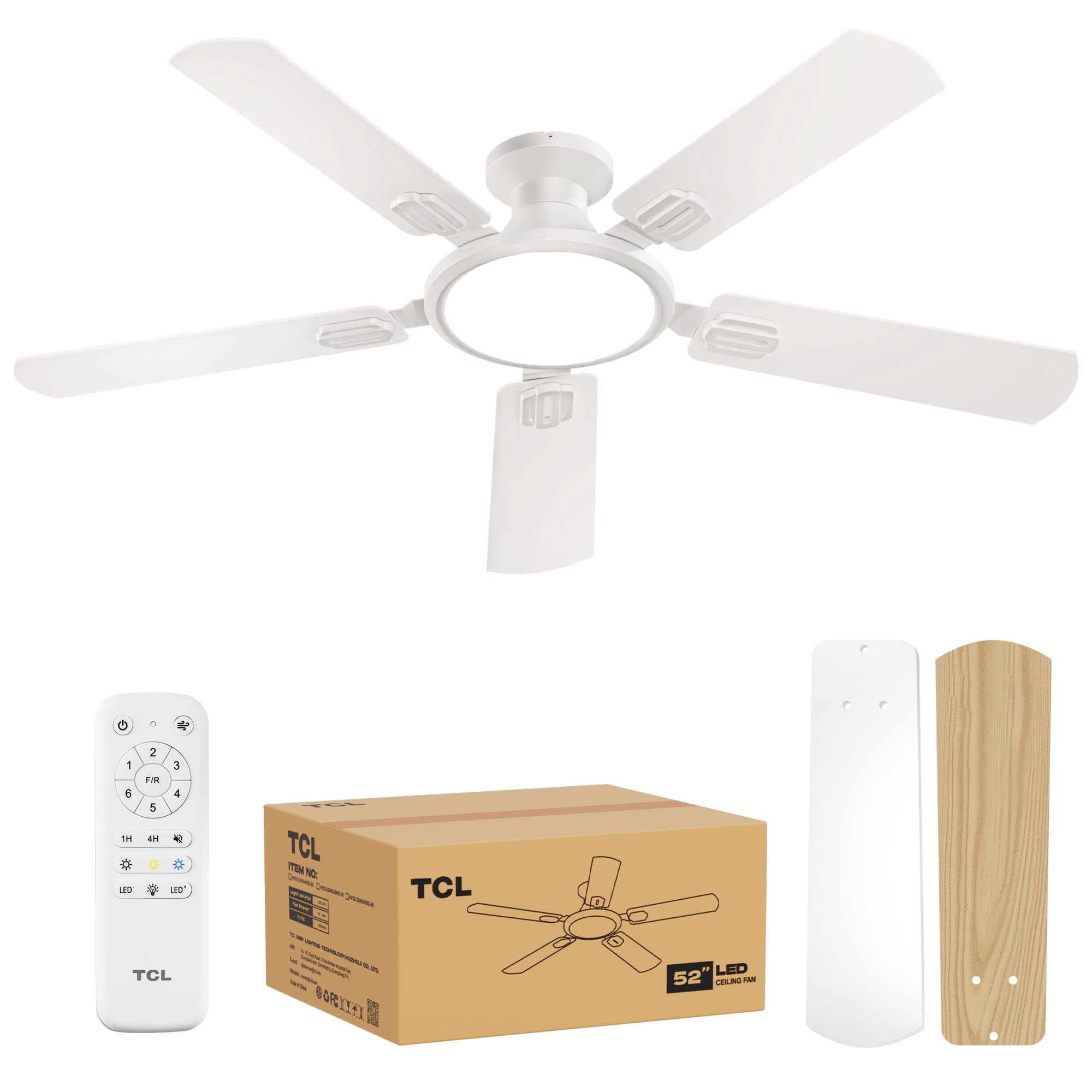 Ventilador De Techo Tcl De 52 Pulgadas, Luz Led Blanca Delgada, 6 Velocidades, Control Remoto