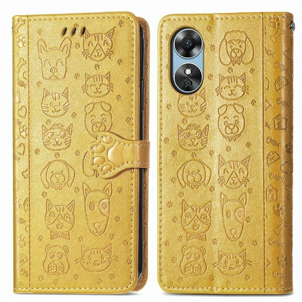 Funda Cartera FOXDOCK para OPPO A17 , Flip PU con Relieve de Gatos y Perros, Tarjetero y Soporte