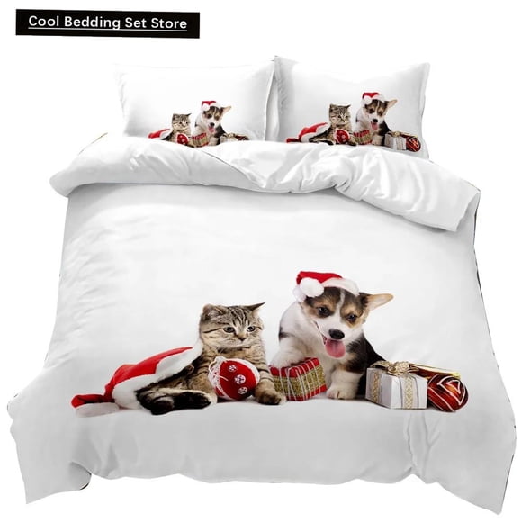 Cat Duvet Cover Cats and Dogs Play Christmas Animal Pet Bedding Set for Kids Teens Double Size Polyester Qulit Cover Bed Sheets