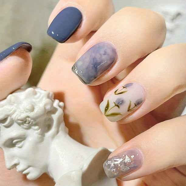 24pcs Smudged Nude And French Purple Square Press On Nails, Short Coffin Fake Nails With Tulip Design, Autumn And Winter Romantic False Nails For Women And Girls