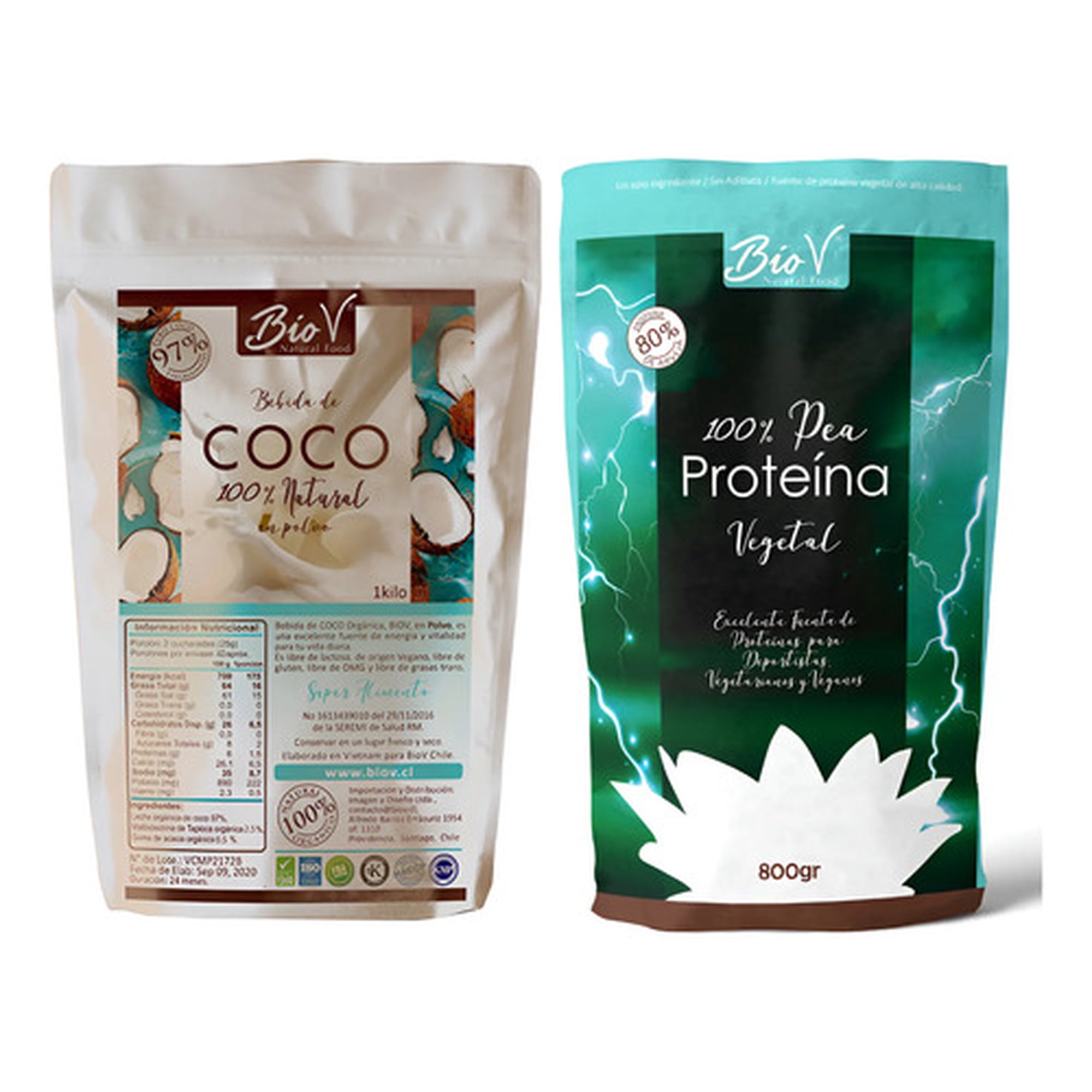 Biov - Pack Proteína De Arveja 800g + Leche De Coco En Polvo 1kg Coco