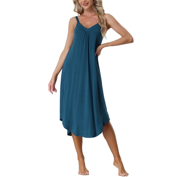 INSPIRE CHIC Vestido de Pijama de Salón para Mujer Ropa de Dormir Camisón con Tirantes Espagueti Camisones S Azul Oscuro