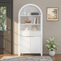 M&Ms - 71"" Fluted Tall Arched Pantry Cabinet With Adjustable Shelves, Elegant Display Storage With Hidden Drawer & Glass Door For Kitchen, Living Room, Dining Room, White