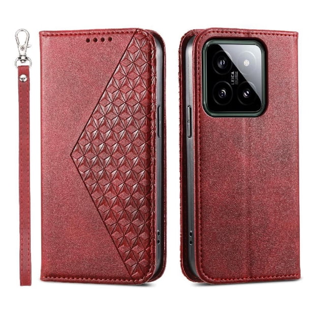 Funda Flip FOXDOCK para Xiaomi 14 , Estilo Billetera con Diseño Rombo, Correa de Mano y Soporte, Uso Diario