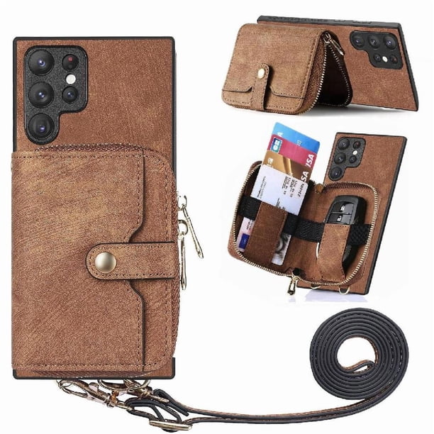 Funda Tipo Cartera con Correa Cruzada para Samsung Galaxy S22 Ultra Protección Contra Golpes Marrón