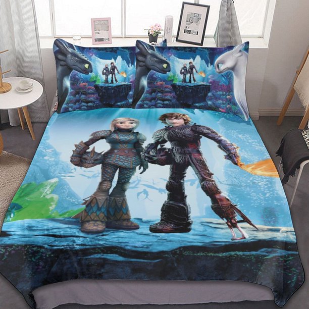 How to Train Your Dragon 3-Piece Bedding Set Duvet Cover Set Soft Warm And Comfortable Soft Bed Set for Bedroom