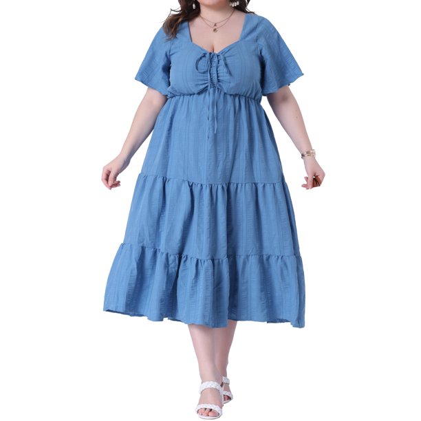 Vestido de verano para mujer de talla grande Agnes Orinda con cuello corazón, mangas cortas con volantes, vestido midi en línea A con capas, talla 5X, azul