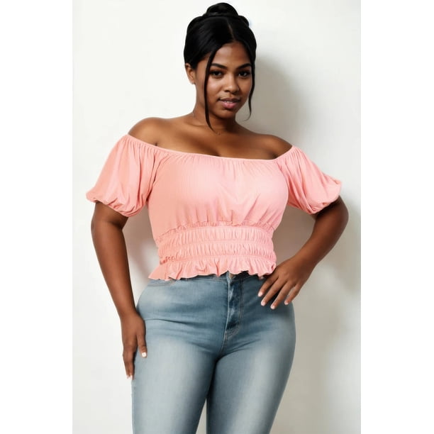 Top Casual De Punto Acanalado Liso Con Mangas Abullonadas Fruncidas De Talla Grande