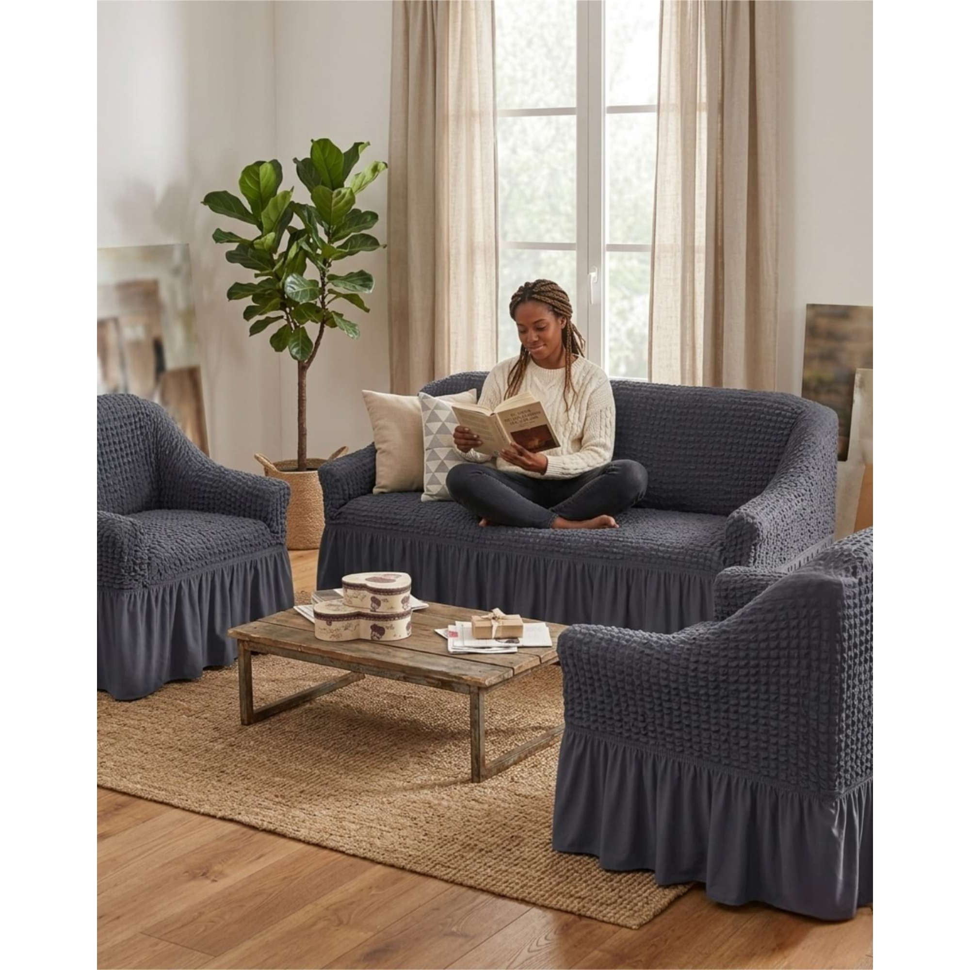 Mylhogar - Juego De Fundas Cubre Sillon Turco 3+1+1 Con Textura De Burbuja